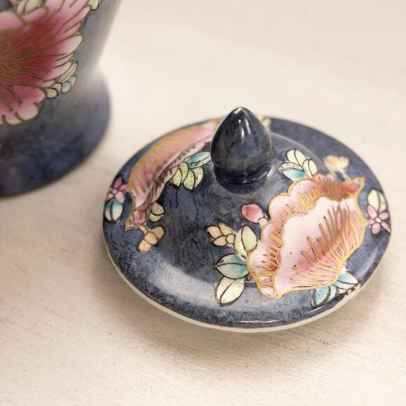 Small Blue Ceramic Lidded Ginger Jar with Gold Pink Green Floral Designs - Picture 3 of 5